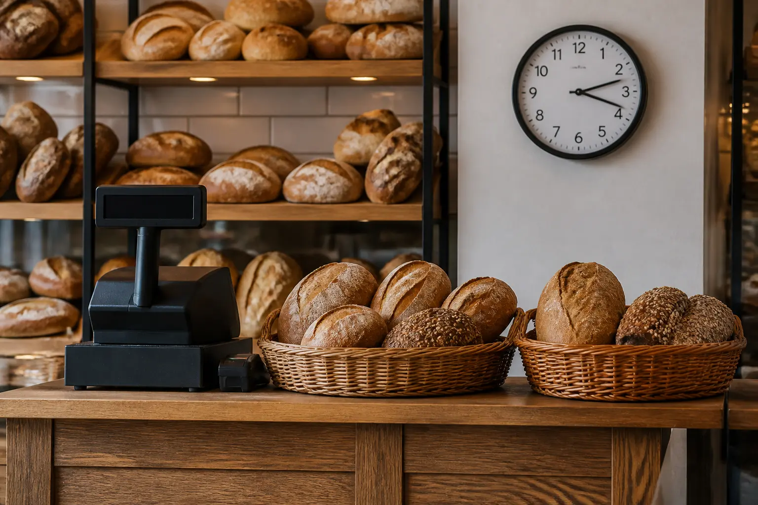 Пекарня з годинником та свіжим хлібом для ілюстрації продуктивності праці