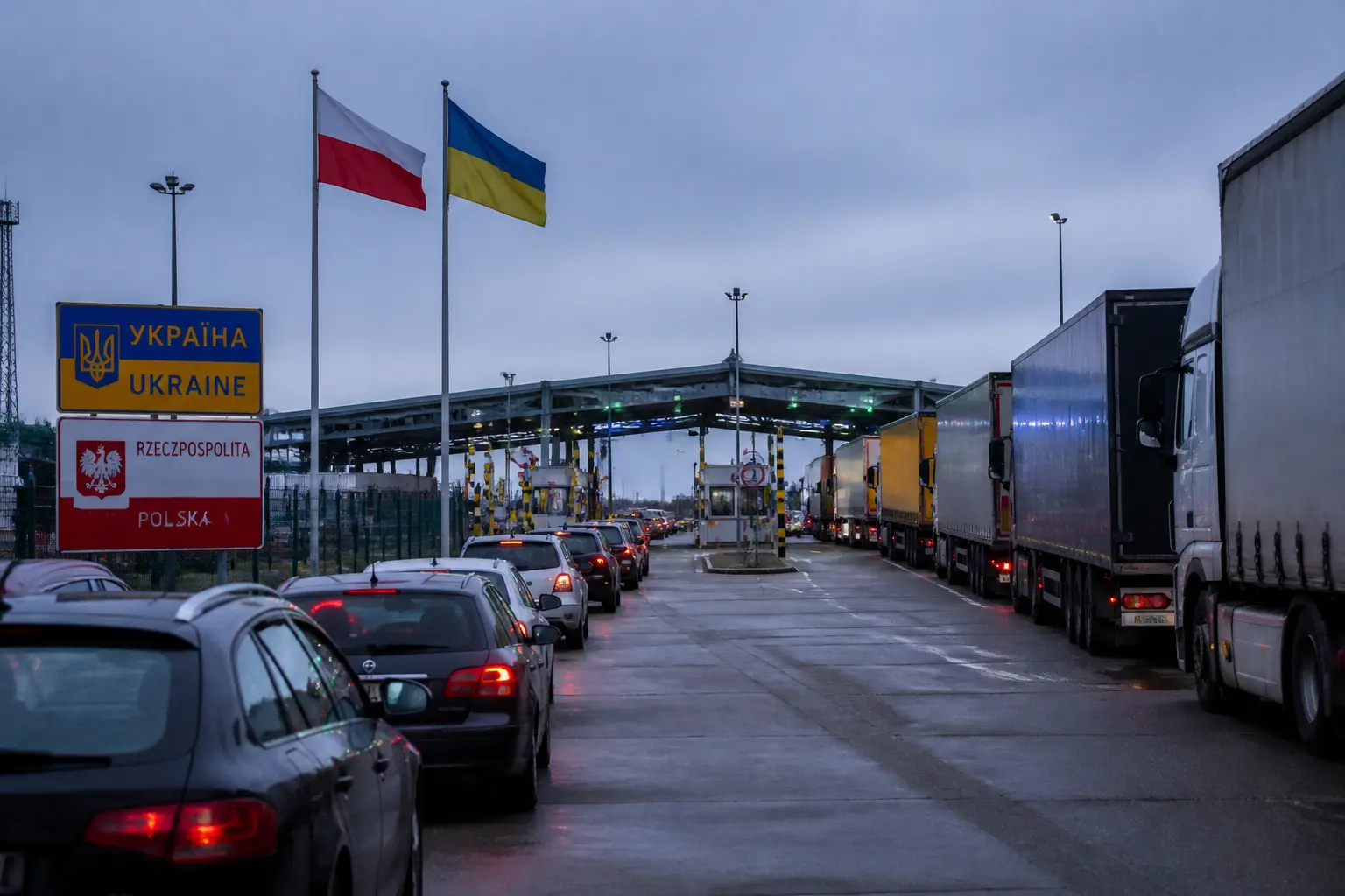 Пункт пропуска на украинско-польской границе с грузовиками и флагами обеих стран