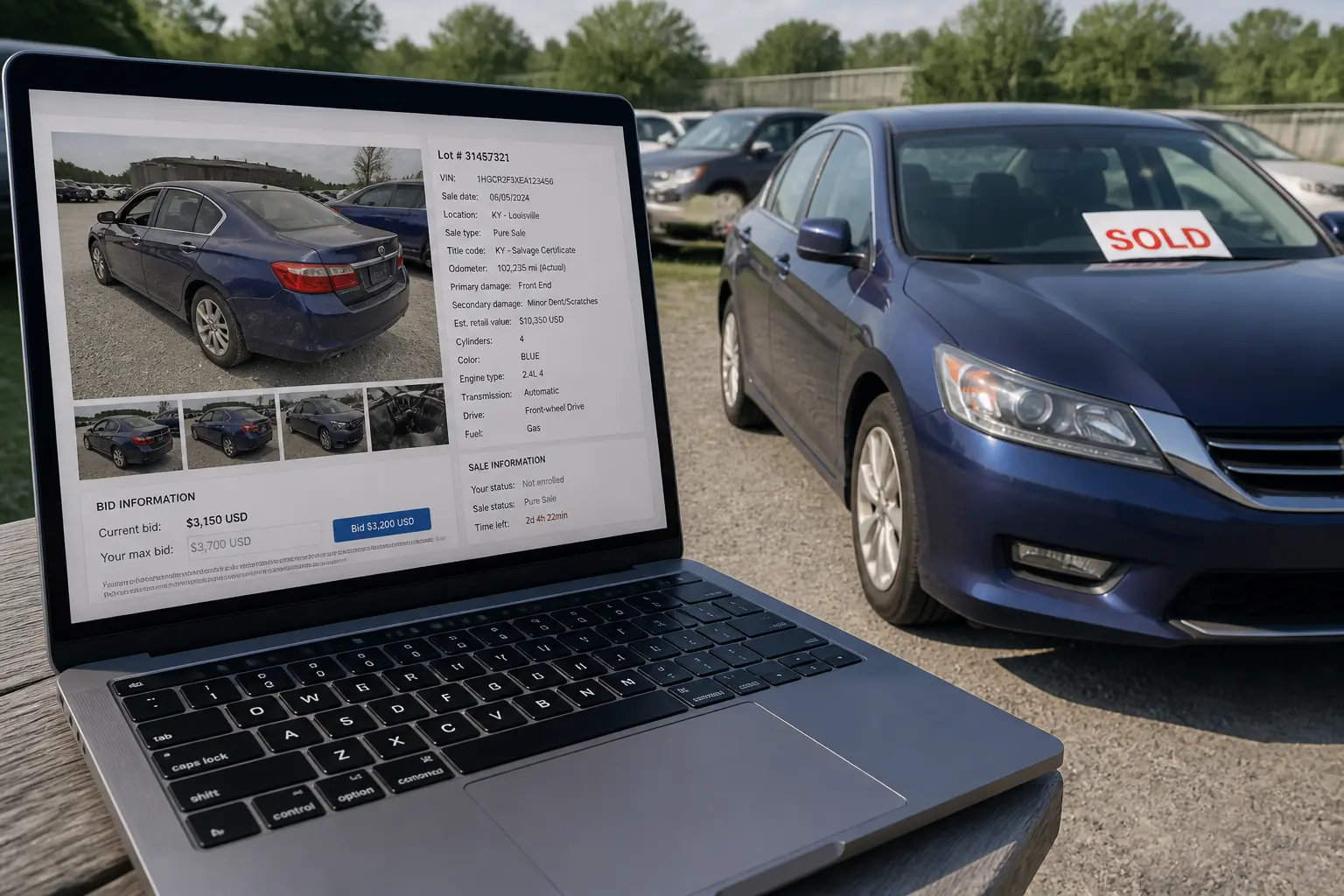 Екран ноутбука з аукціонним лотом авто та автомобіль з табличкою продано