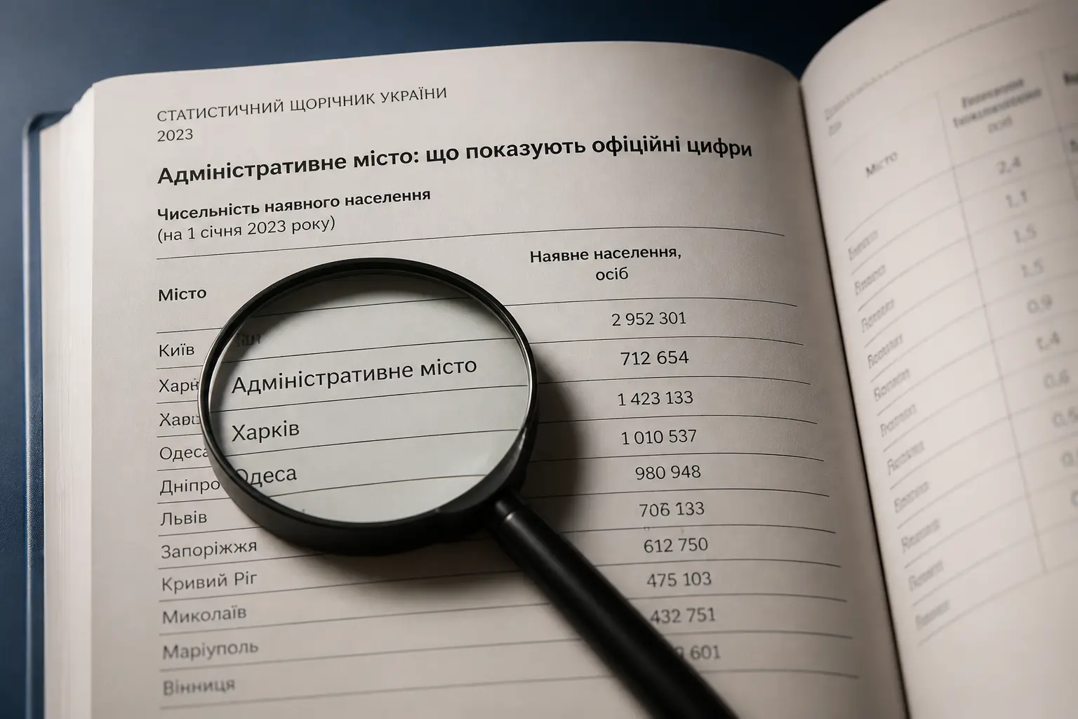 Сторінка статистичного довідника з таблицею населення міст за адміністративними межами