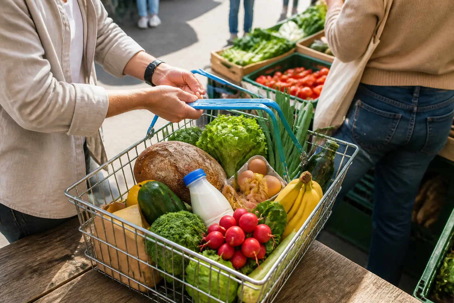 Корзина с продуктами на городском рынке