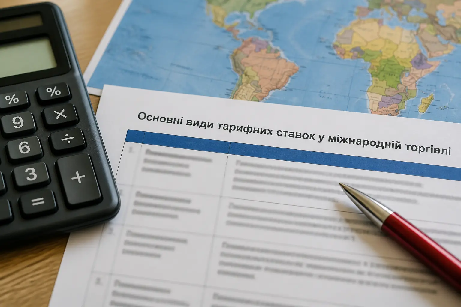 Калькулятор, таможенный тариф и карта мира на столе для расчета ставок