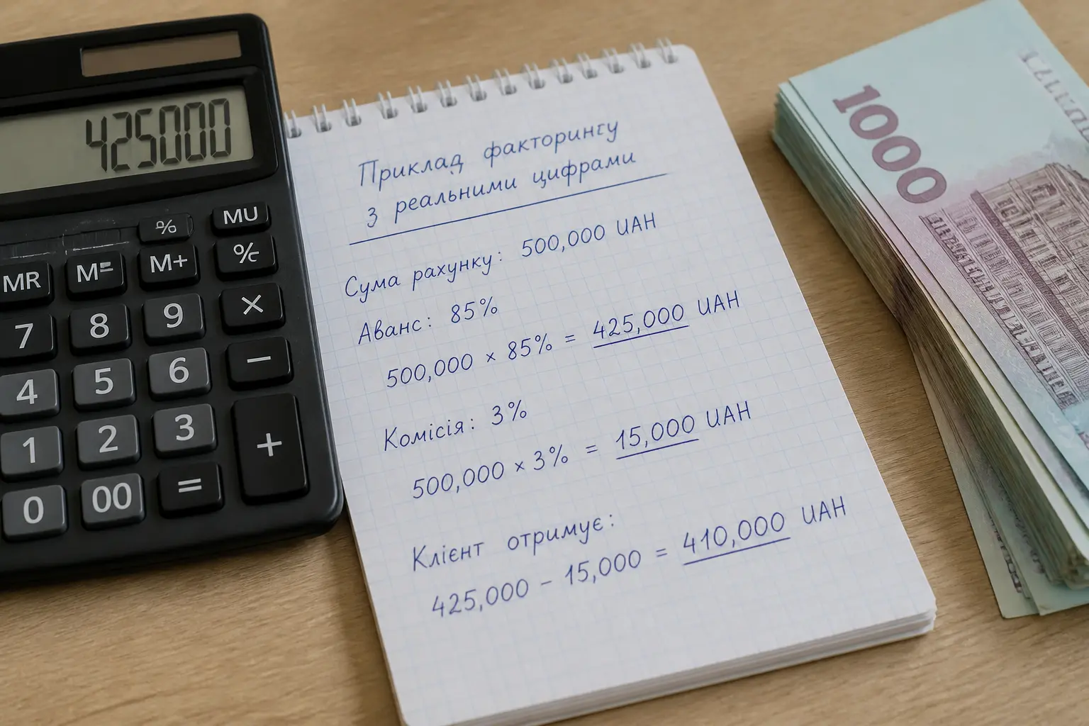 Розрахунки факторингу на столі з грошима