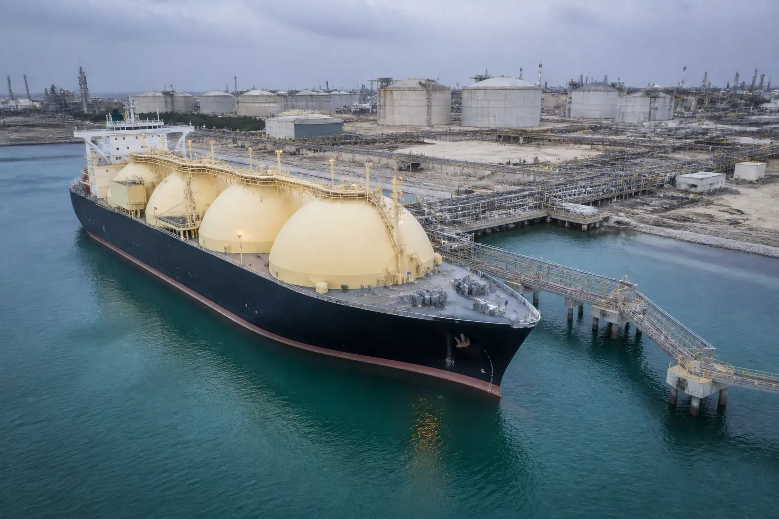 Газовоз у причала в Рас-Лаффане, ключевой элемент нефтегазовой отрасли Катара