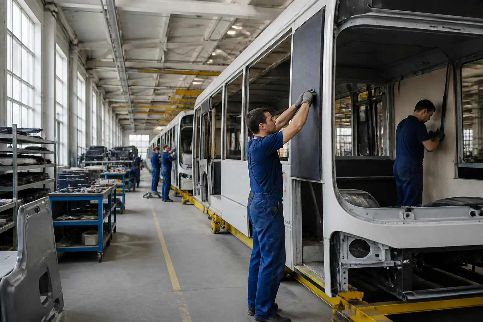 Працівники біля кузова автобуса в цеху