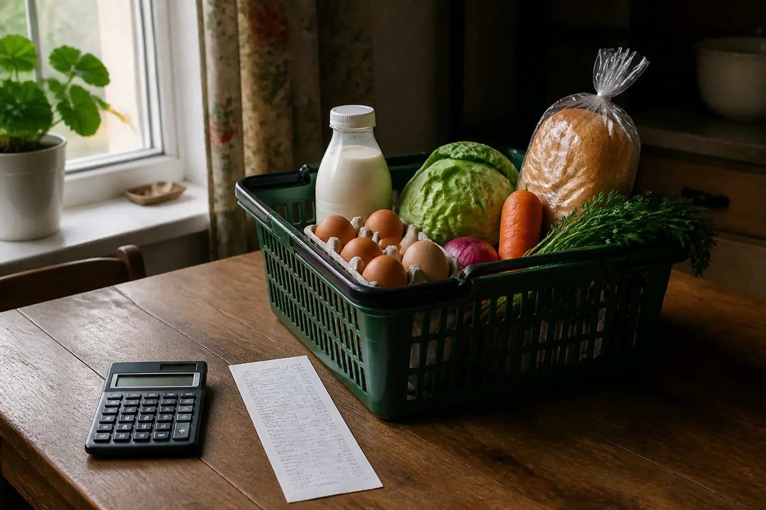 Продуктовий кошик і чек на кухонному столі