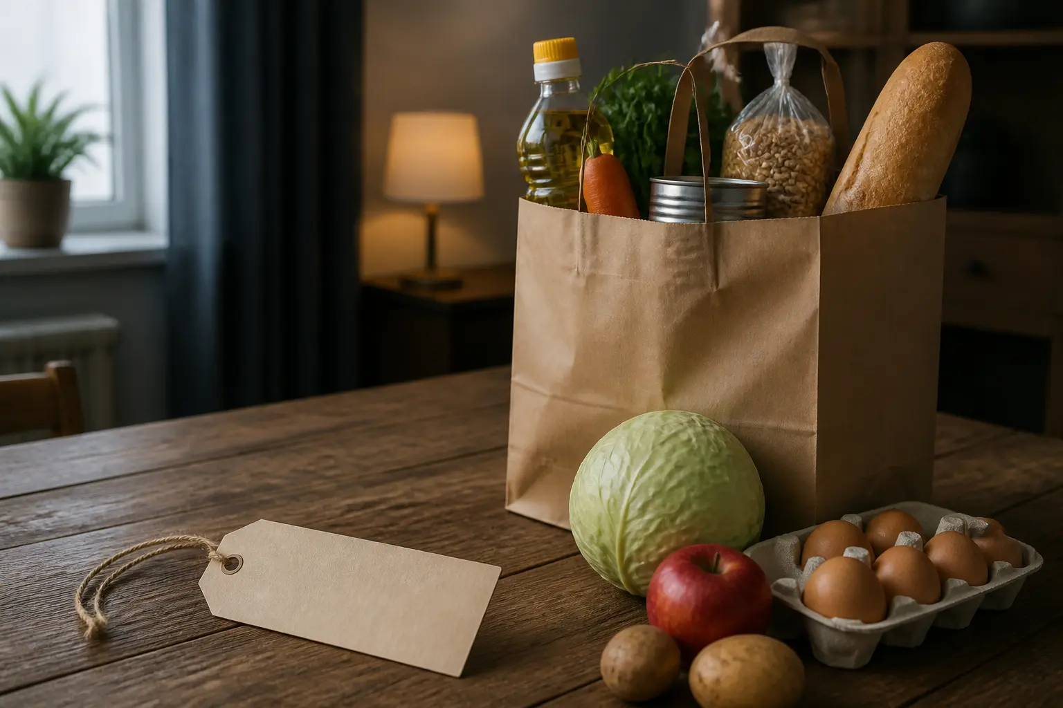 Цінник і пакет із продуктами на кухонному столі