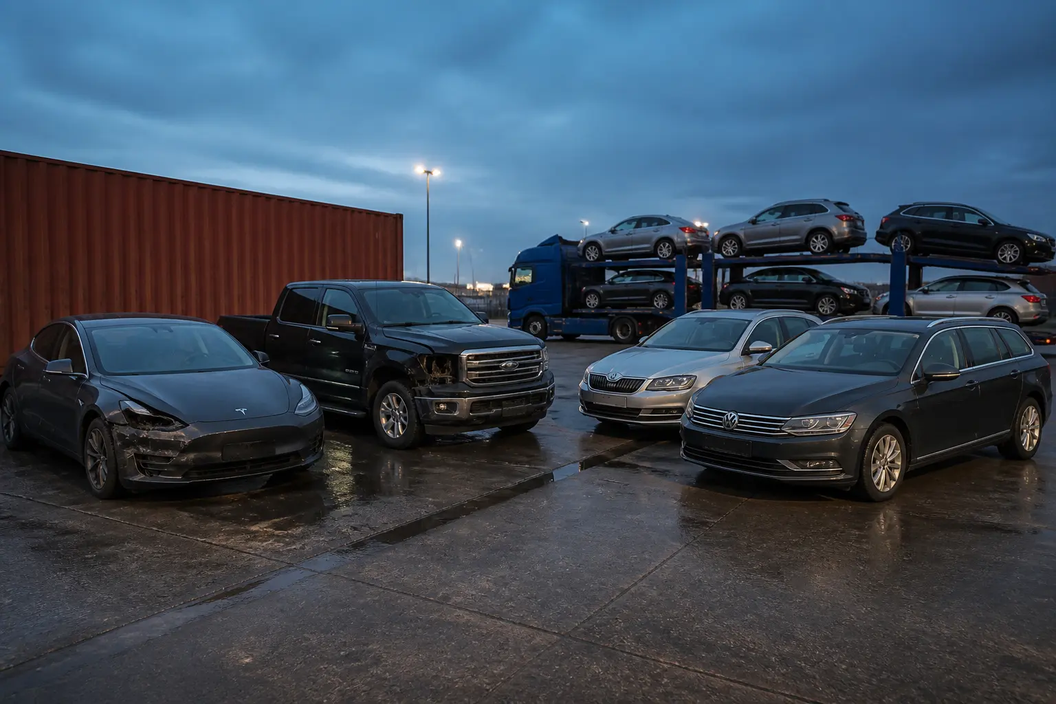 Типичные модели авто из США и Европы: Tesla, Ford F-150, Volkswagen Passat, Škoda Octavia