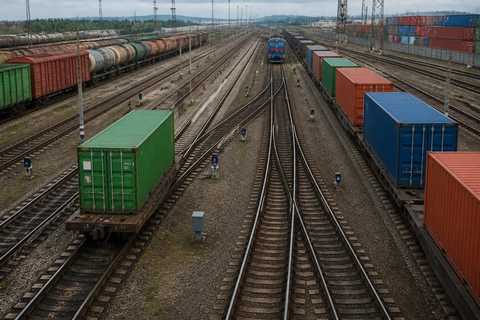Сортувальна станція з різнокольоровими контейнерами та локомотивом