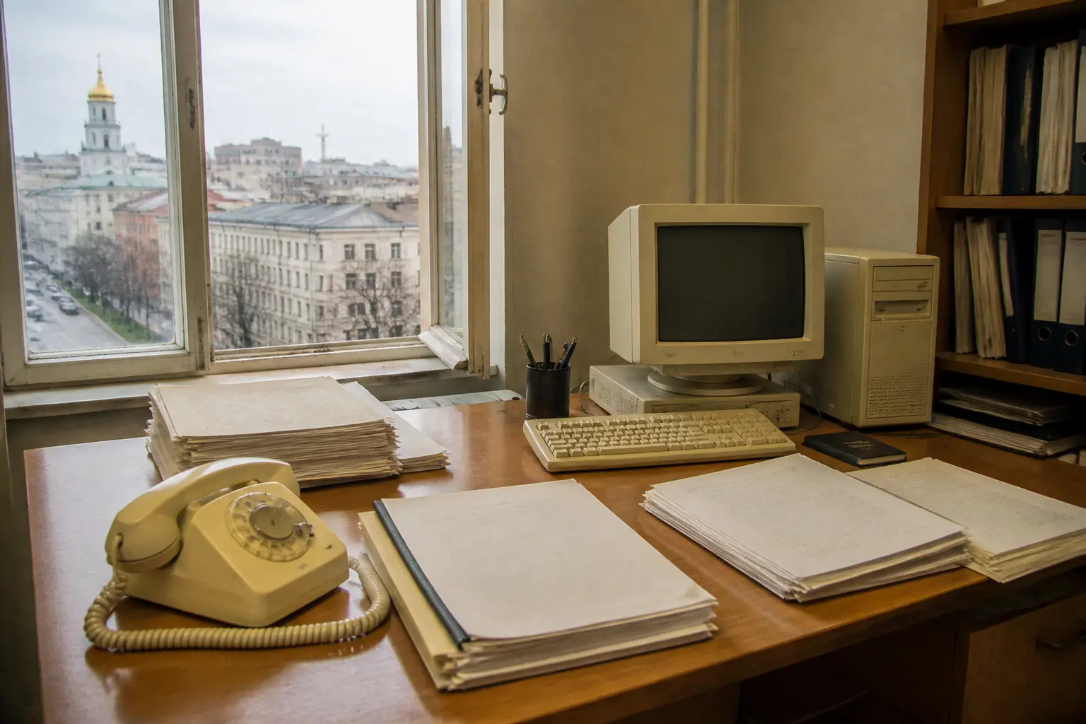Офісне приміщення 1990-х років в Україні з документами та комп'ютером