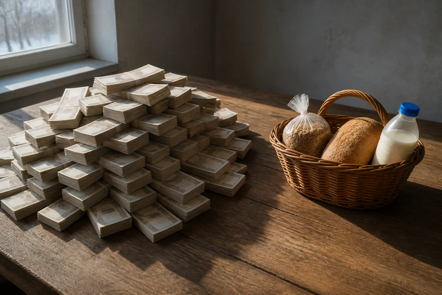 Велика купа банкнот поруч із маленьким кошиком продуктів