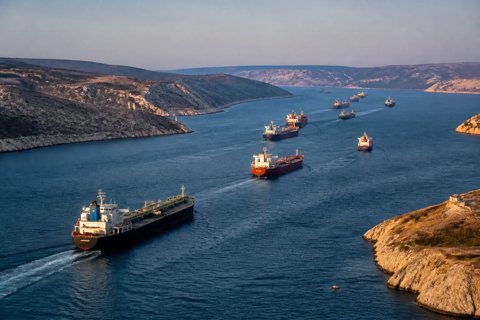 Морські торговельні судна проходять через вузьку протоку