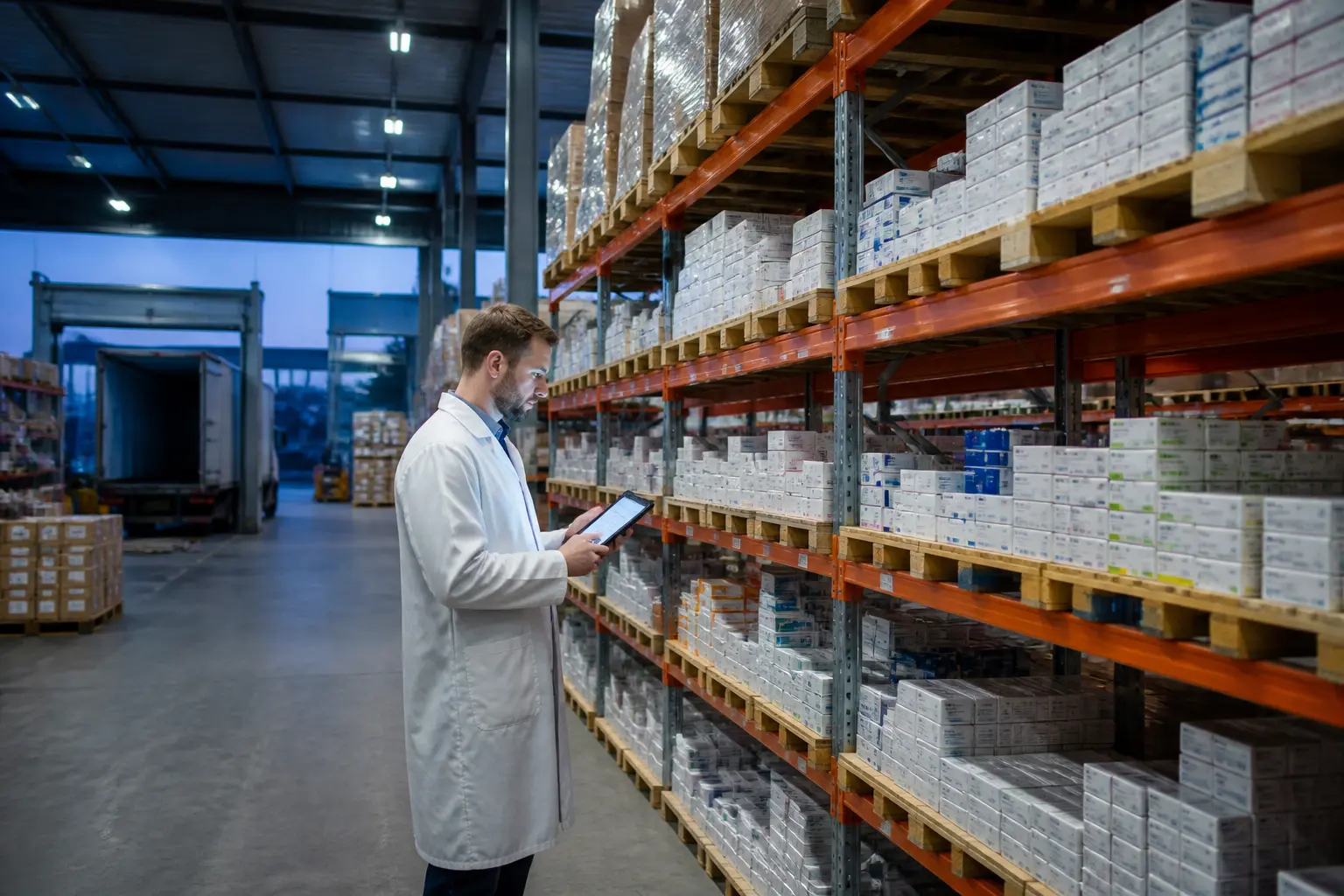 Склад фармацевтичної продукції з працівником, що перевіряє запаси