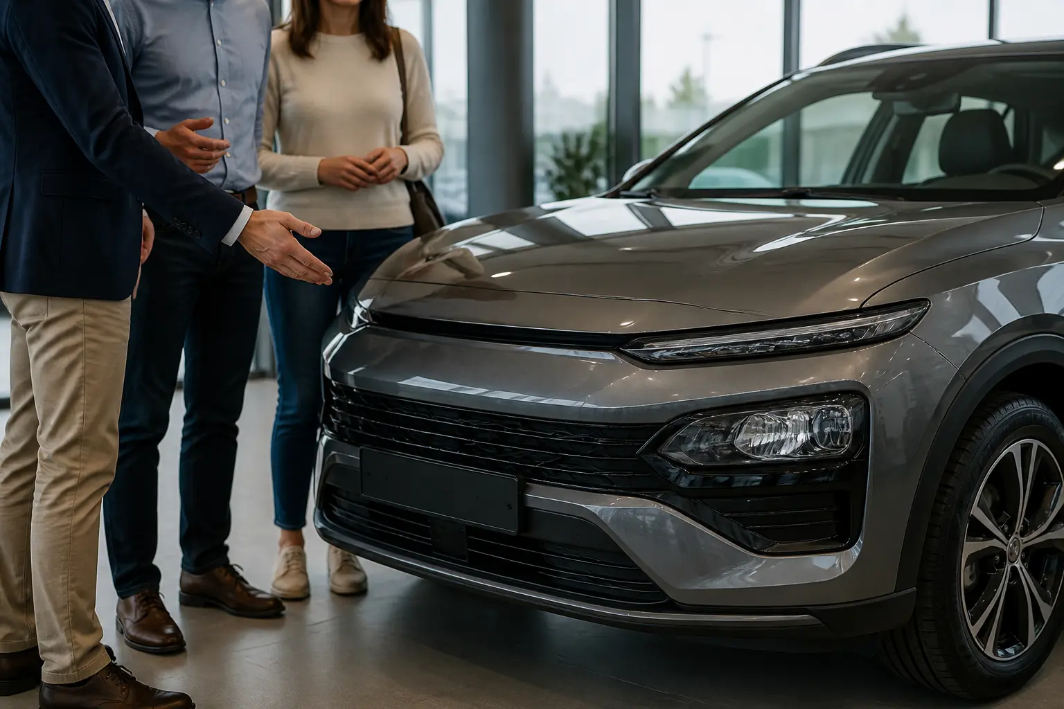 Продавец автосалона обсуждает характеристики нового кроссовера с покупателями