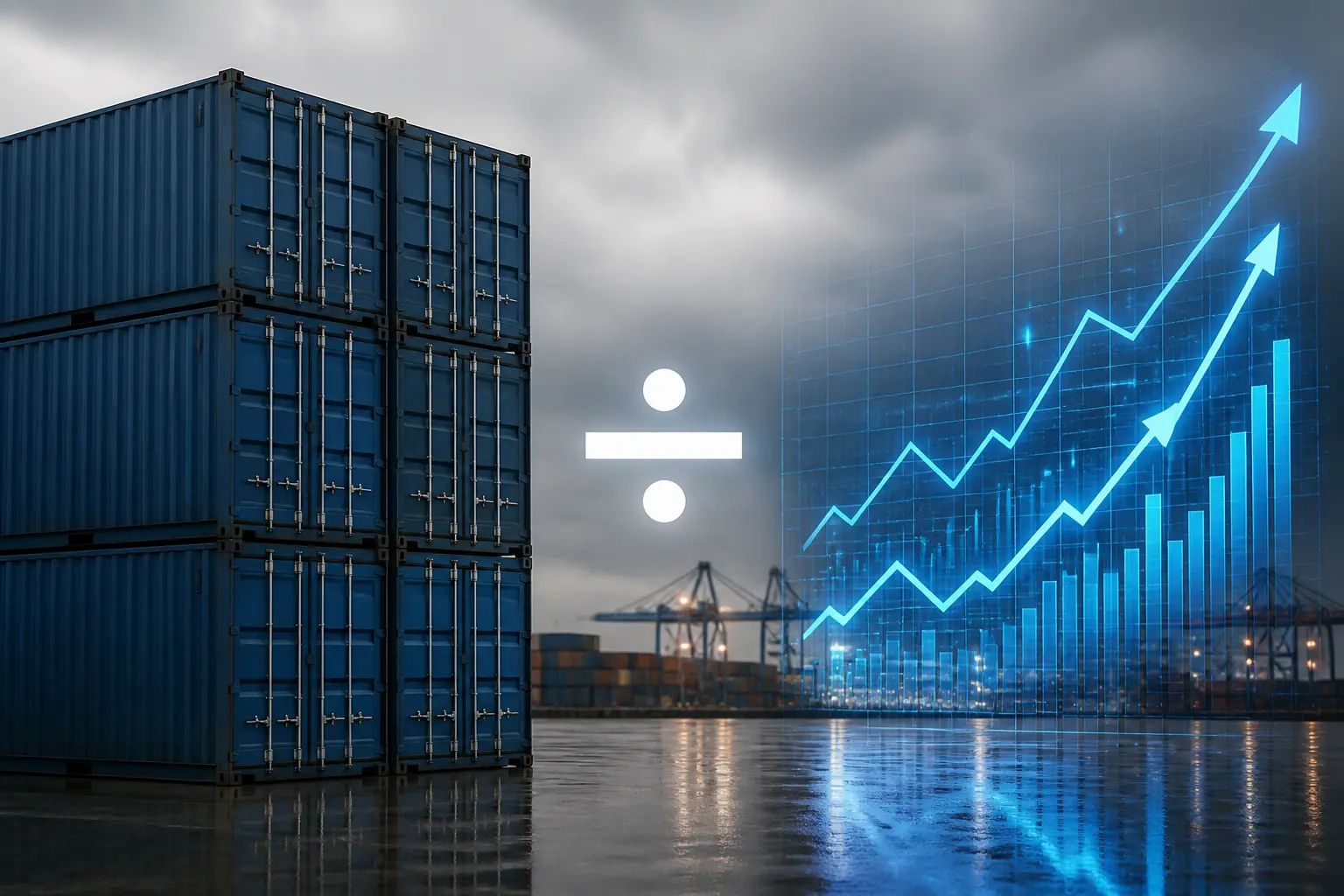 Контейнери та ціновий графік, розділені математичним символом