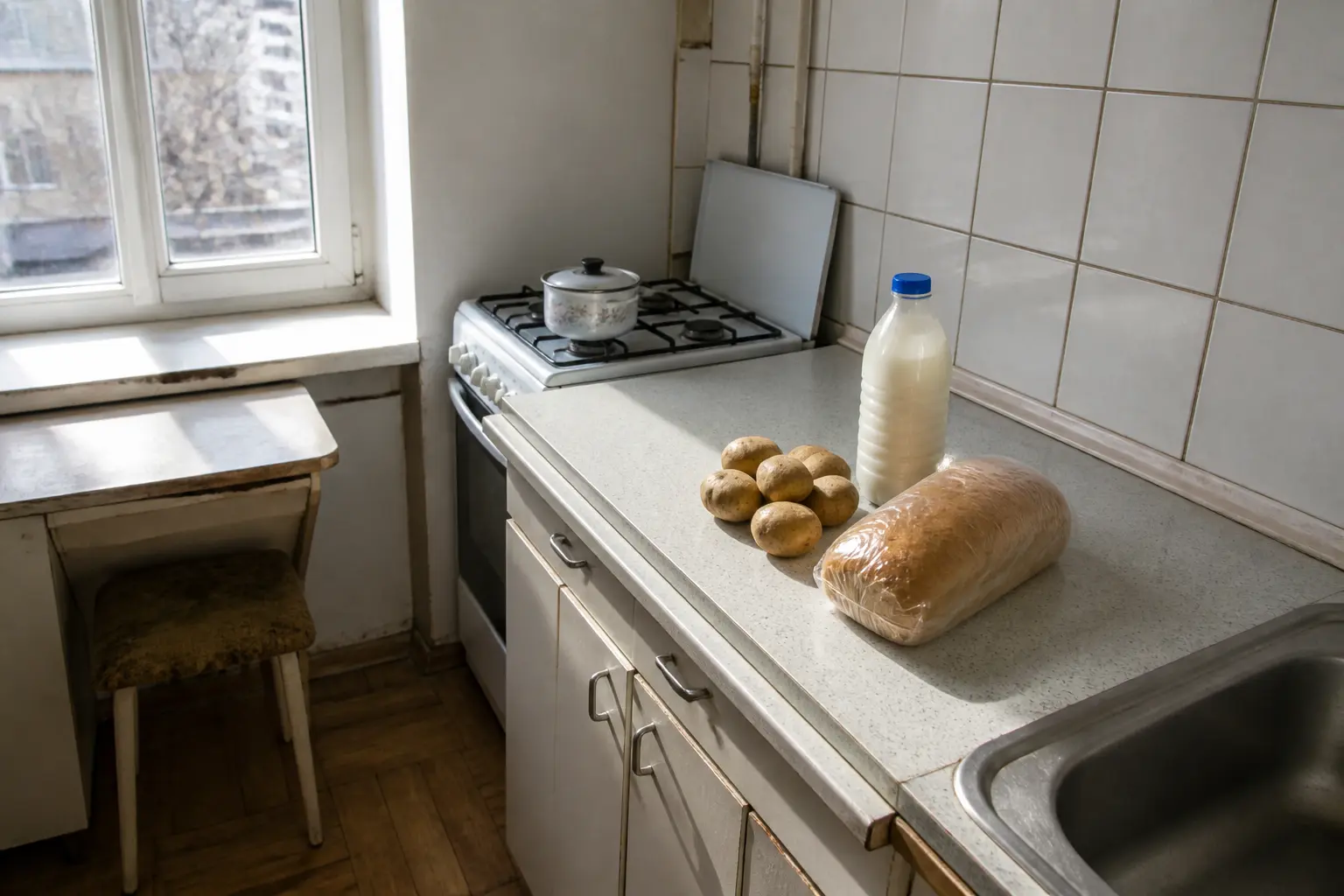 Скромная кухня с базовыми продуктами как пример ограниченных ресурсов