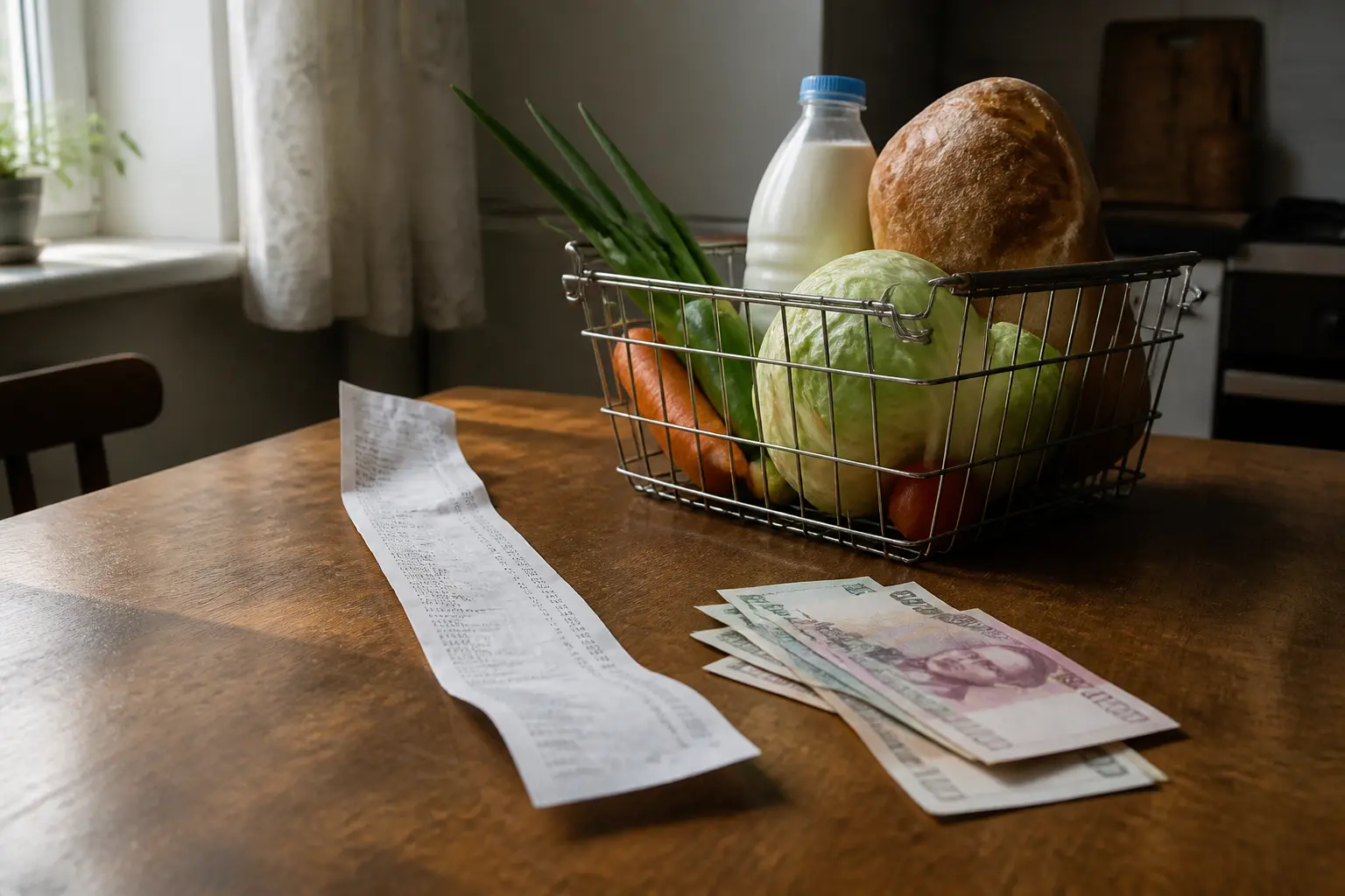 Продуктовий кошик і купюри на кухонному столі