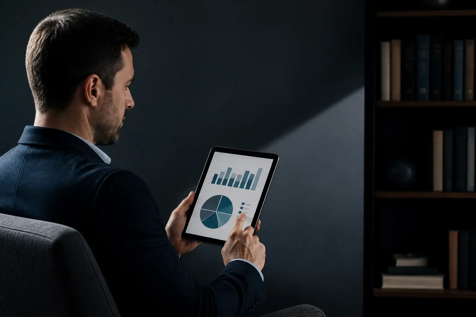 Людина аналізує інвестиційний портфель на планшеті, на тлі книжкова полиця