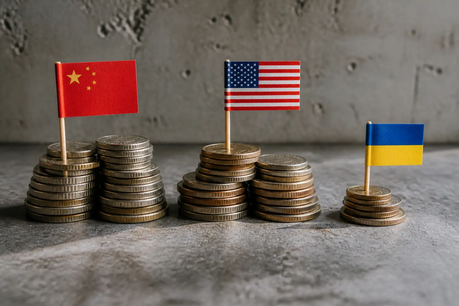 Три стоси монет з прапорами Китаю, США та України, що символізують різні торговельні баланси