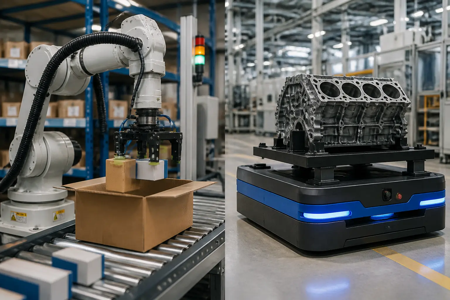 Роботизована рука пакує товари, а AGV перевозить автомобільні деталі