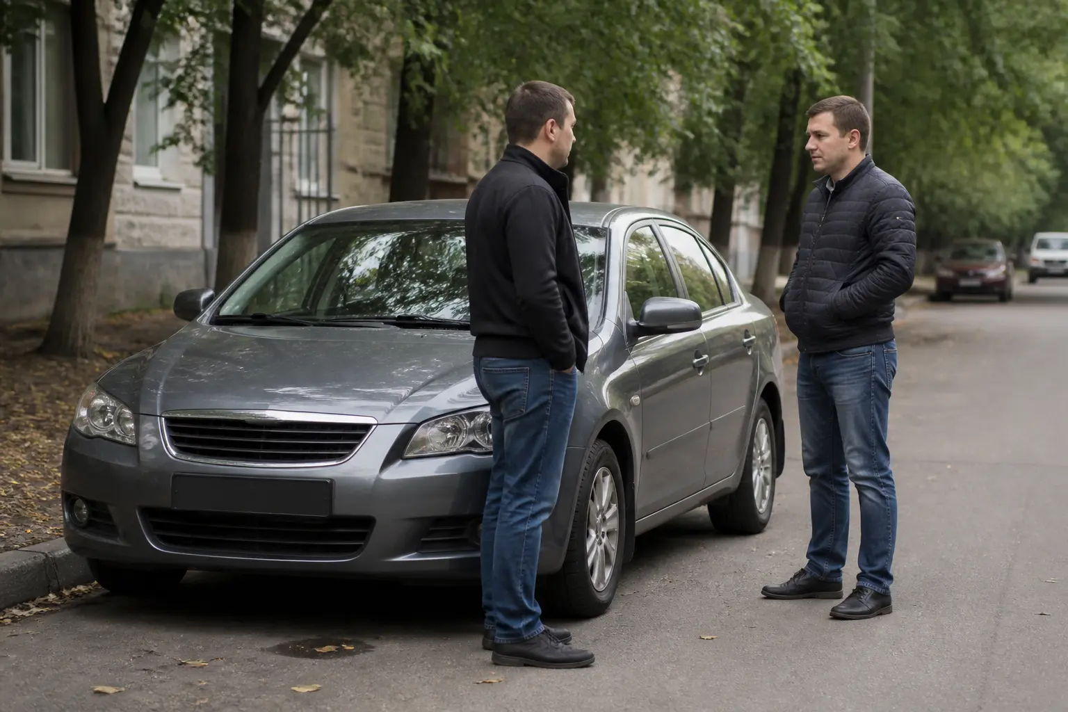 Покупець і продавець оглядають вживане авто