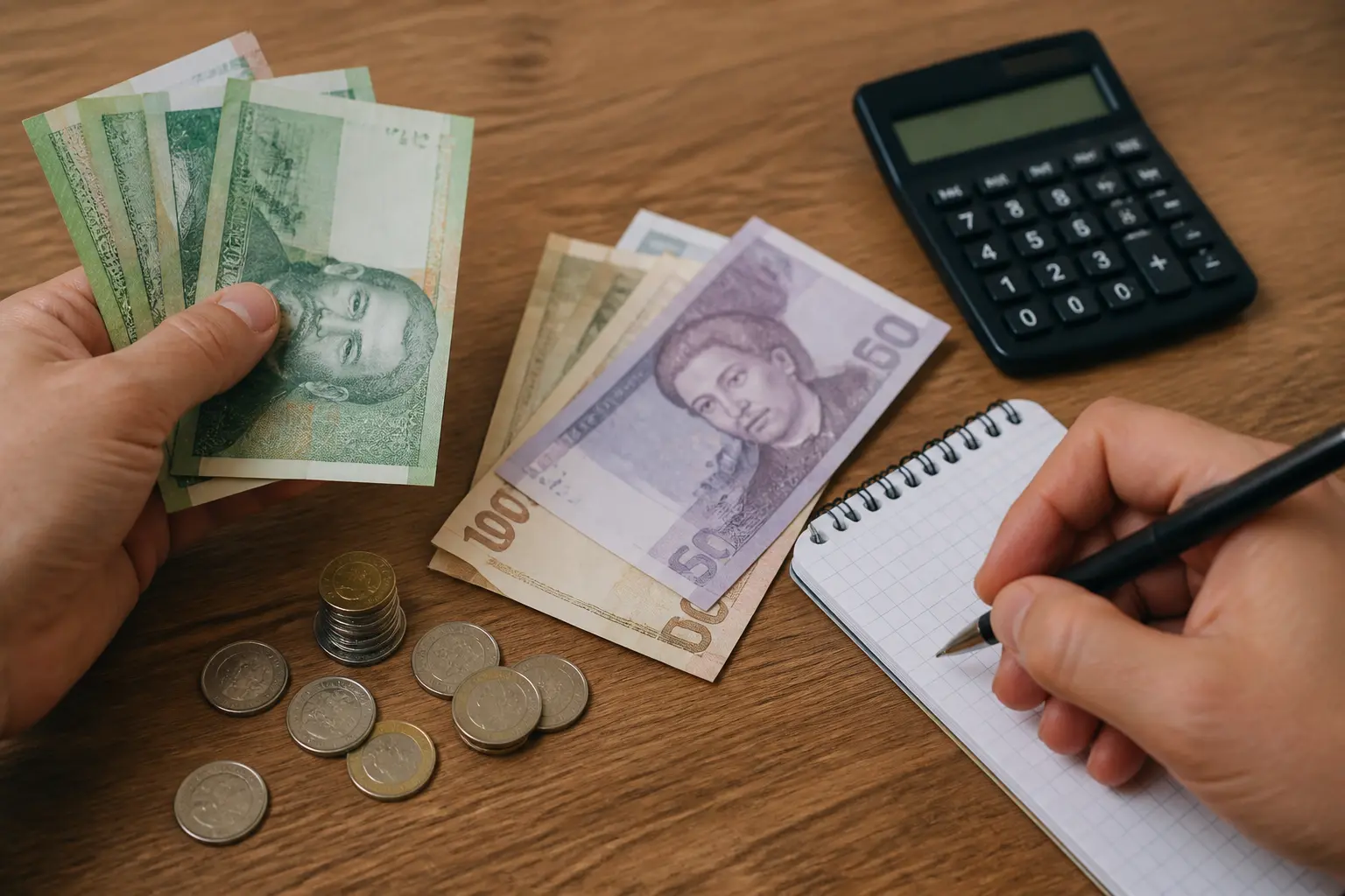 Банкноти та монети поруч із калькулятором на столі