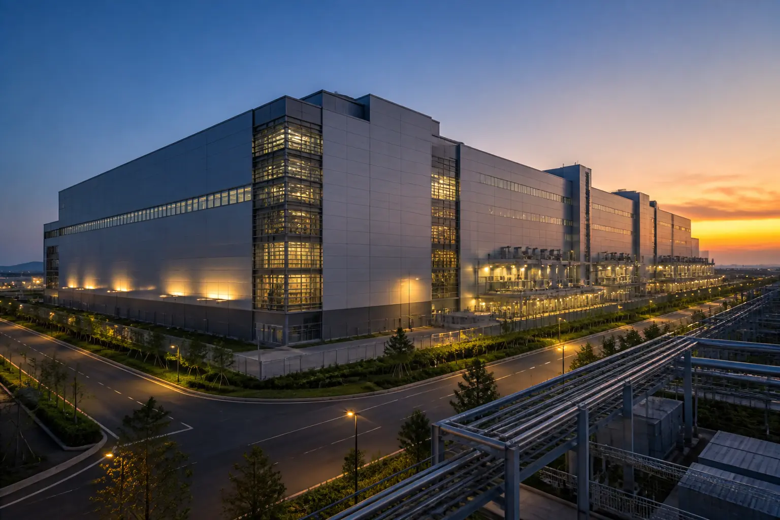 Здание полупроводникового завода TSMC в вечернем свете
