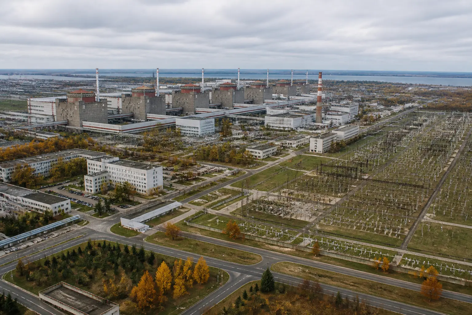 Комплекс атомної електростанції з висоти: блоки та відкритий розподільний пристрій