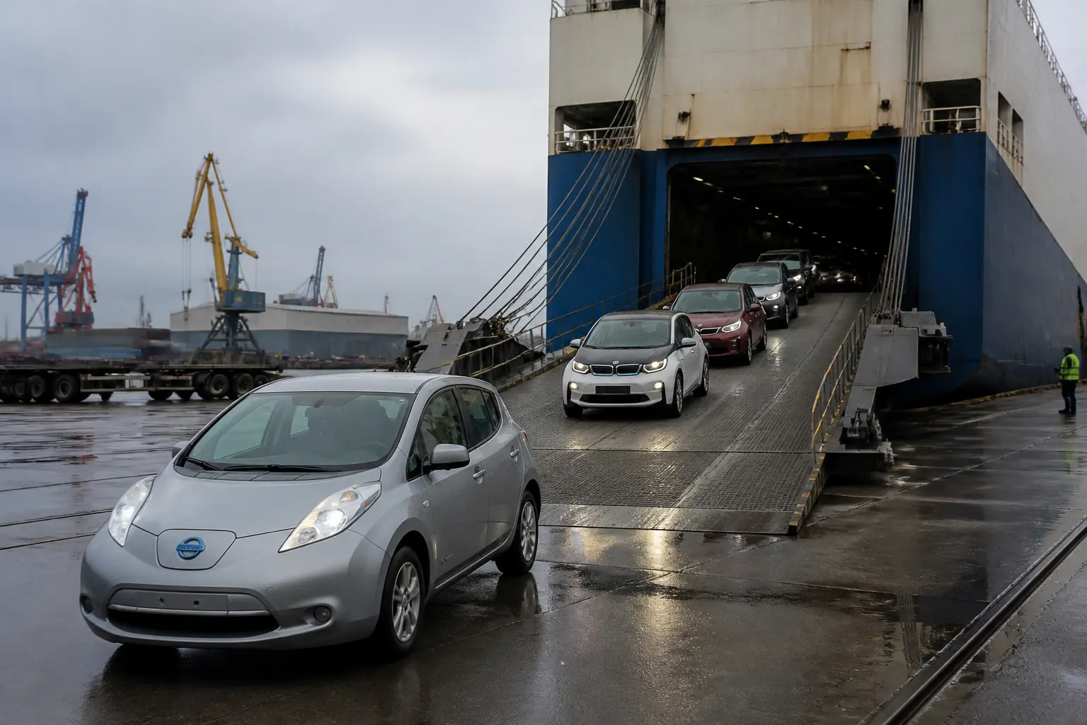 Условная разгрузка автомобилей с судна в порту