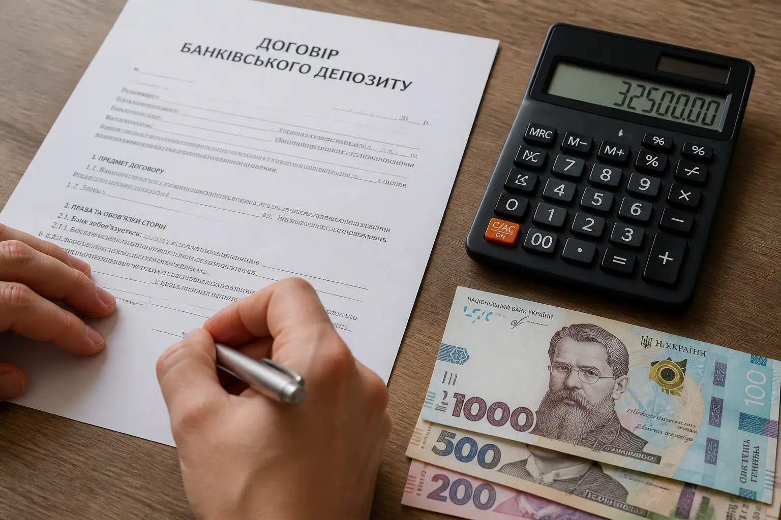 Банківський депозитний договір з калькулятором та гривневими купюрами