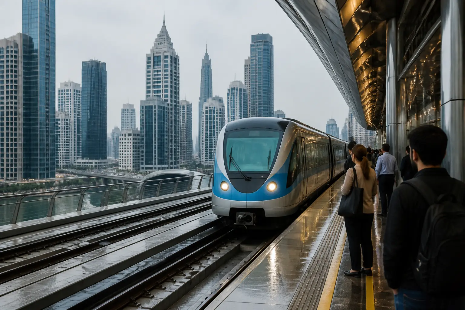 Потяг Дубайського метро на станції на тлі міського пейзажу