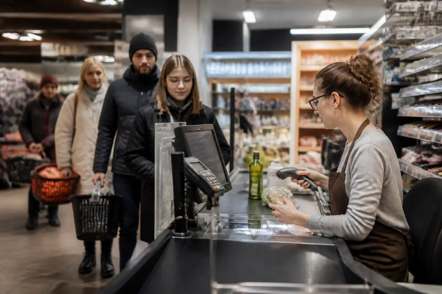 Продавчиня на касі супермаркету за роботою