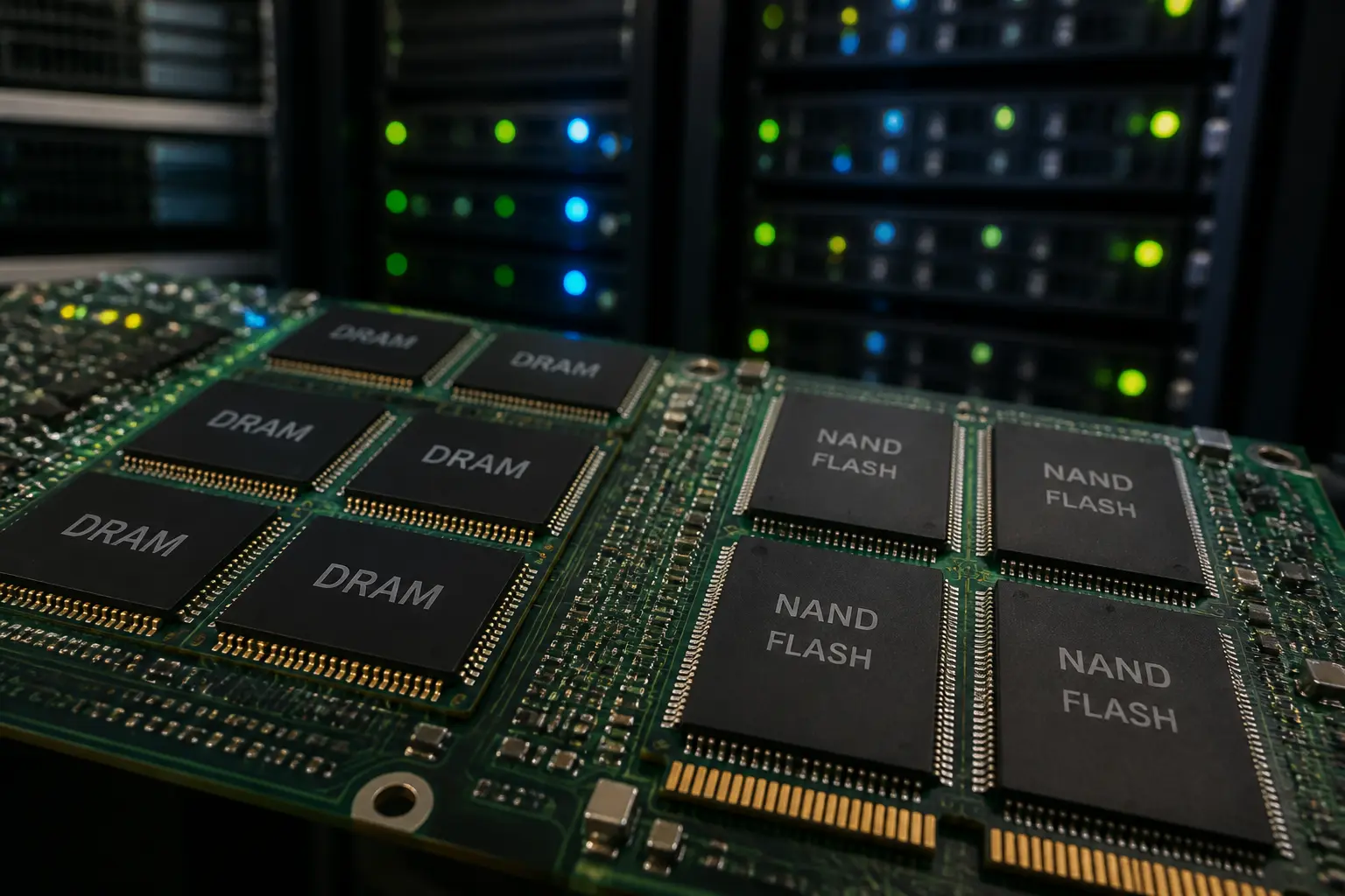 Мікросхеми пам'яті DRAM та NAND на платі сервера