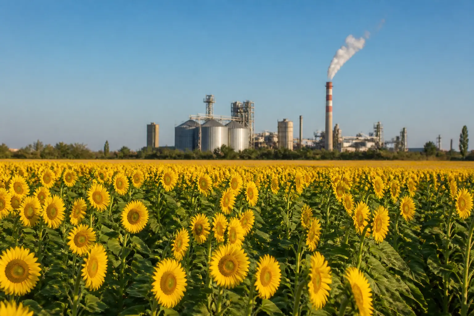 Поле квітучих соняшників із заводом на горизонті