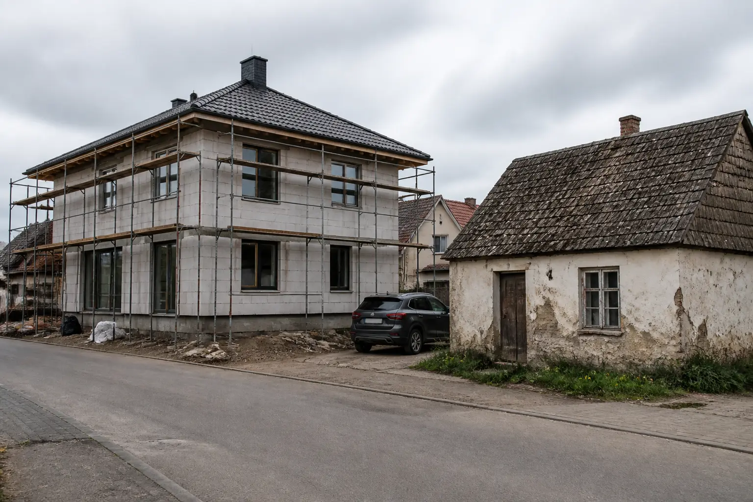 Новый дом рядом с заброшенной хатой в селе заработчан
