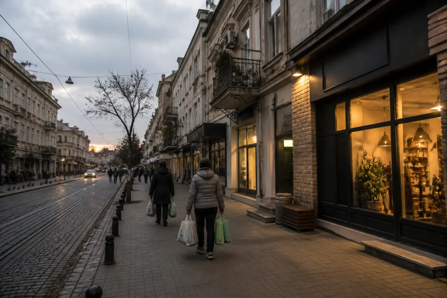 Спокойная улица украинского города с магазинами вечером