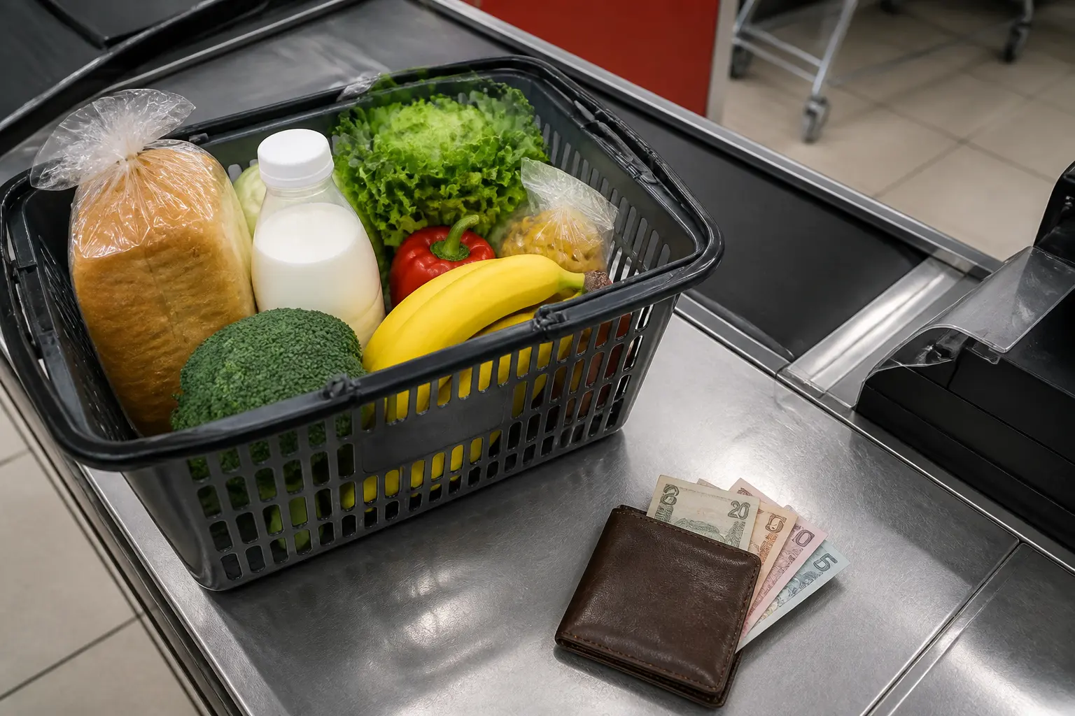 Кошик із продуктами та гаманець як символ впливу інфляції