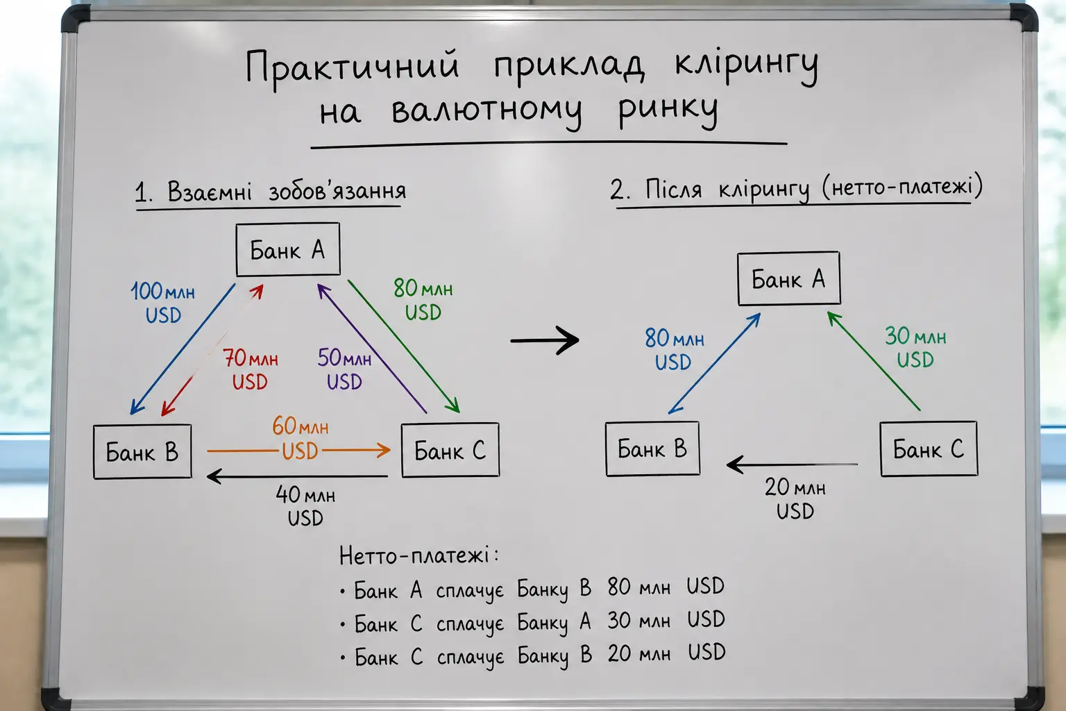 Схема неттинга валютных обязательств между тремя банками на доске