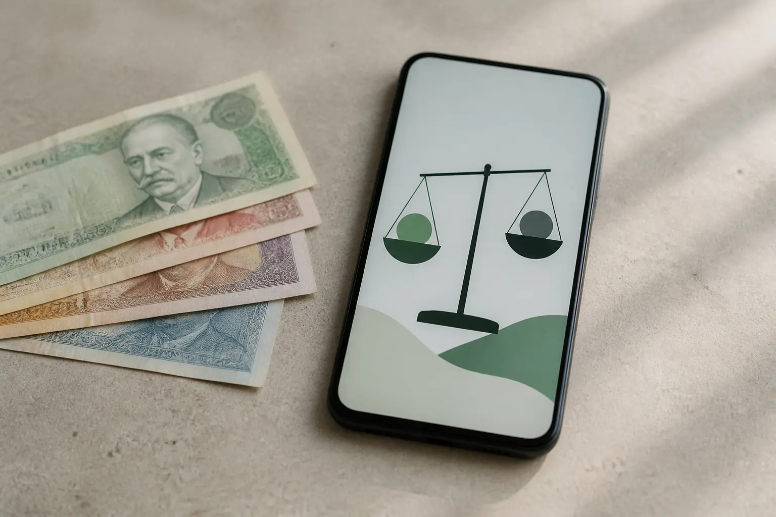 Банкноти та смартфон на столі як символ зв'язку фіату і цифрових активів