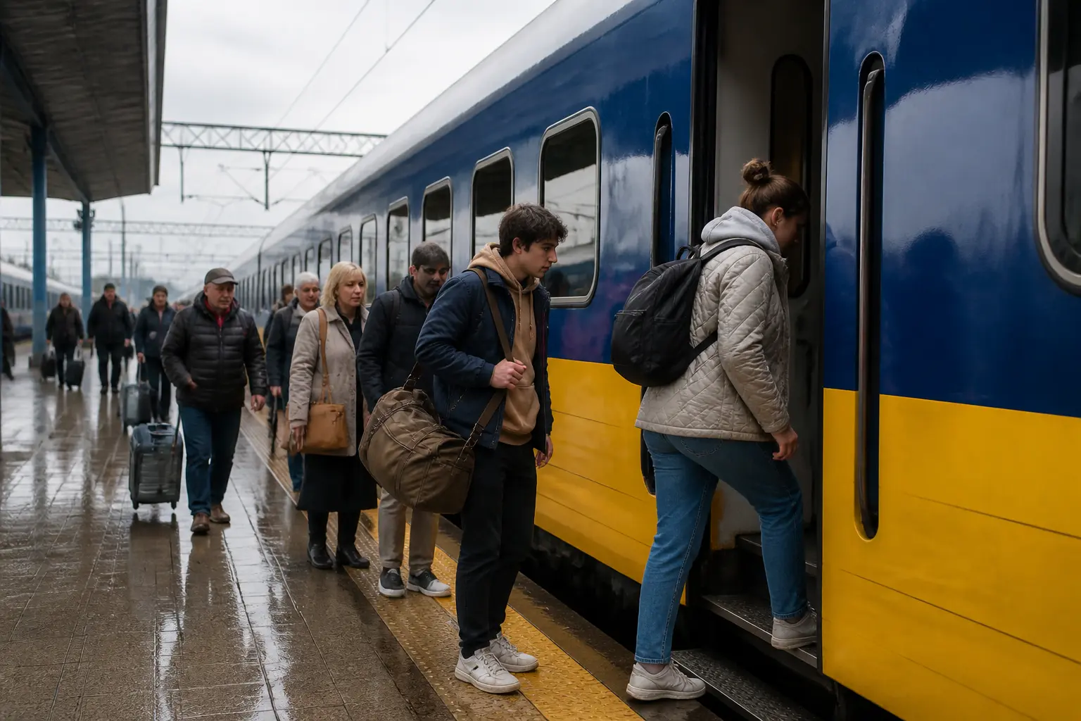 Пасажири сідають у сучасний потяг Інтерсіті на залізничному вокзалі