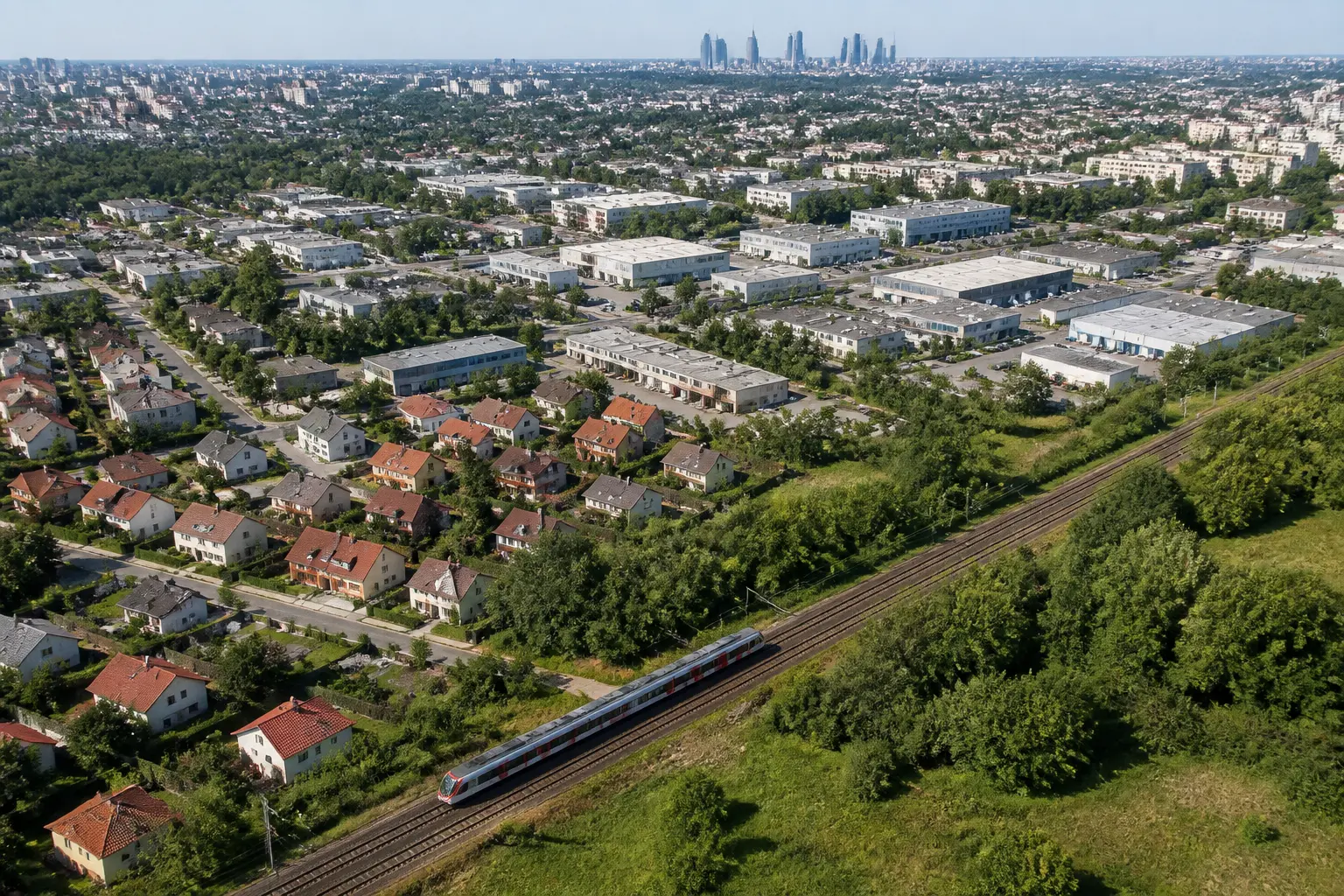 Аерофотознімок варшавської агломерації: житлові райони, промзони та приміський потяг
