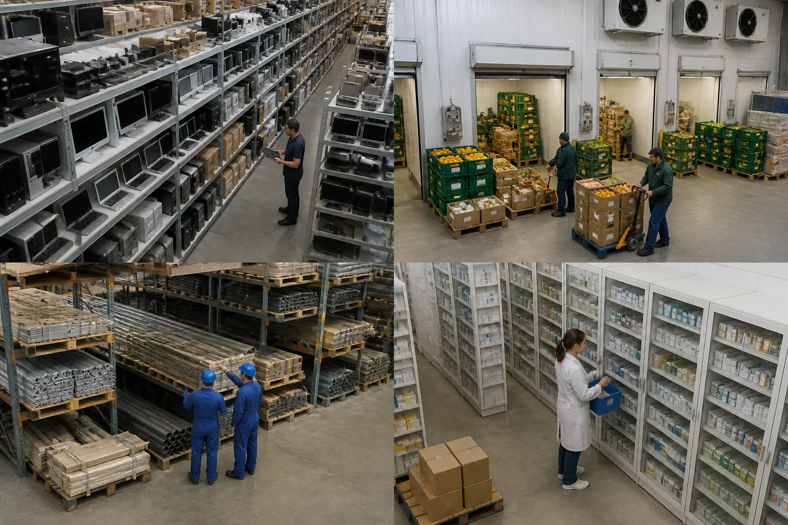Колаж складів різних галузей: електроніка, продукти, виробництво, аптека