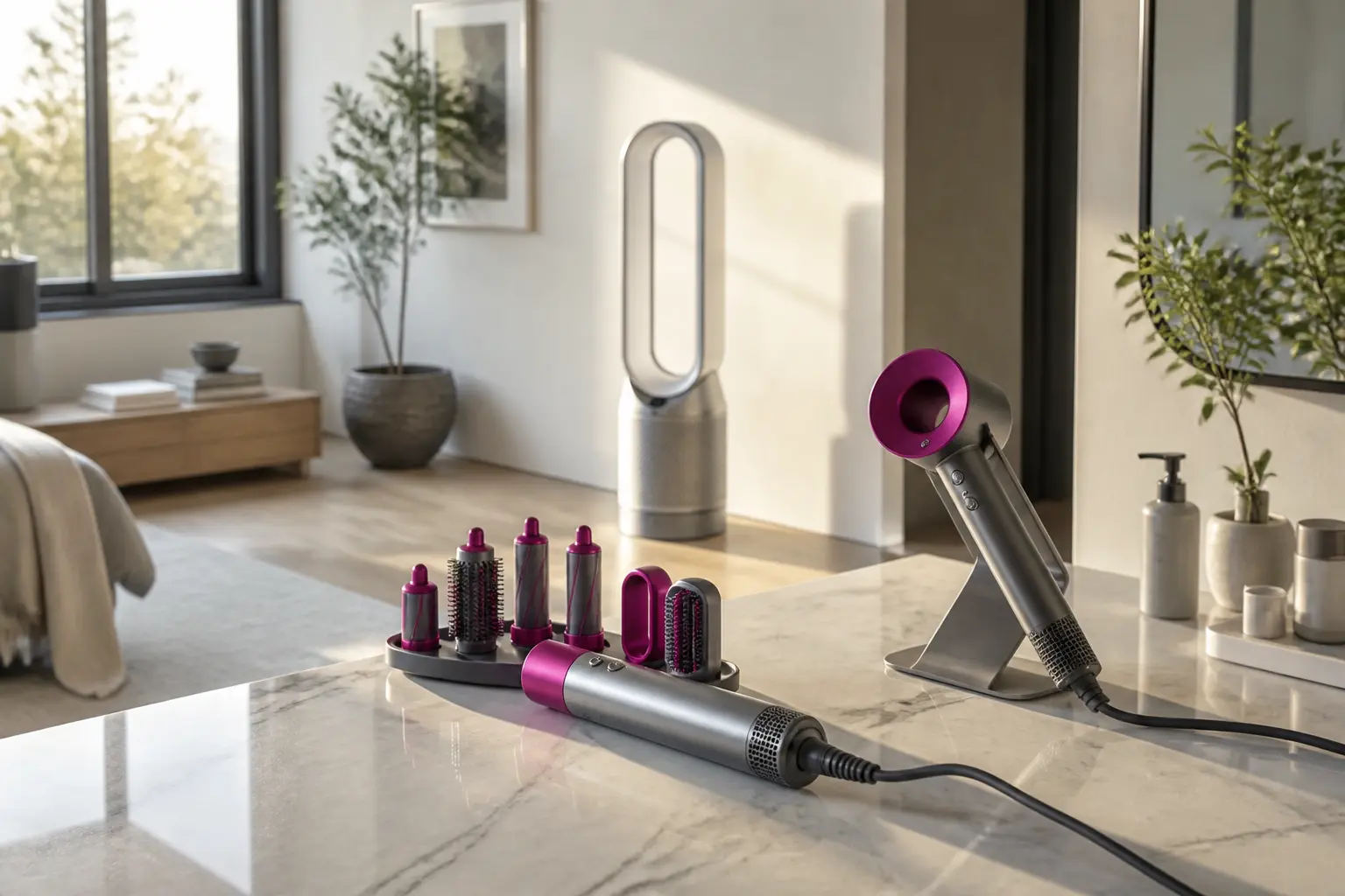 Фен Dyson Supersonic и выравниватель Airwrap на туалетном столике