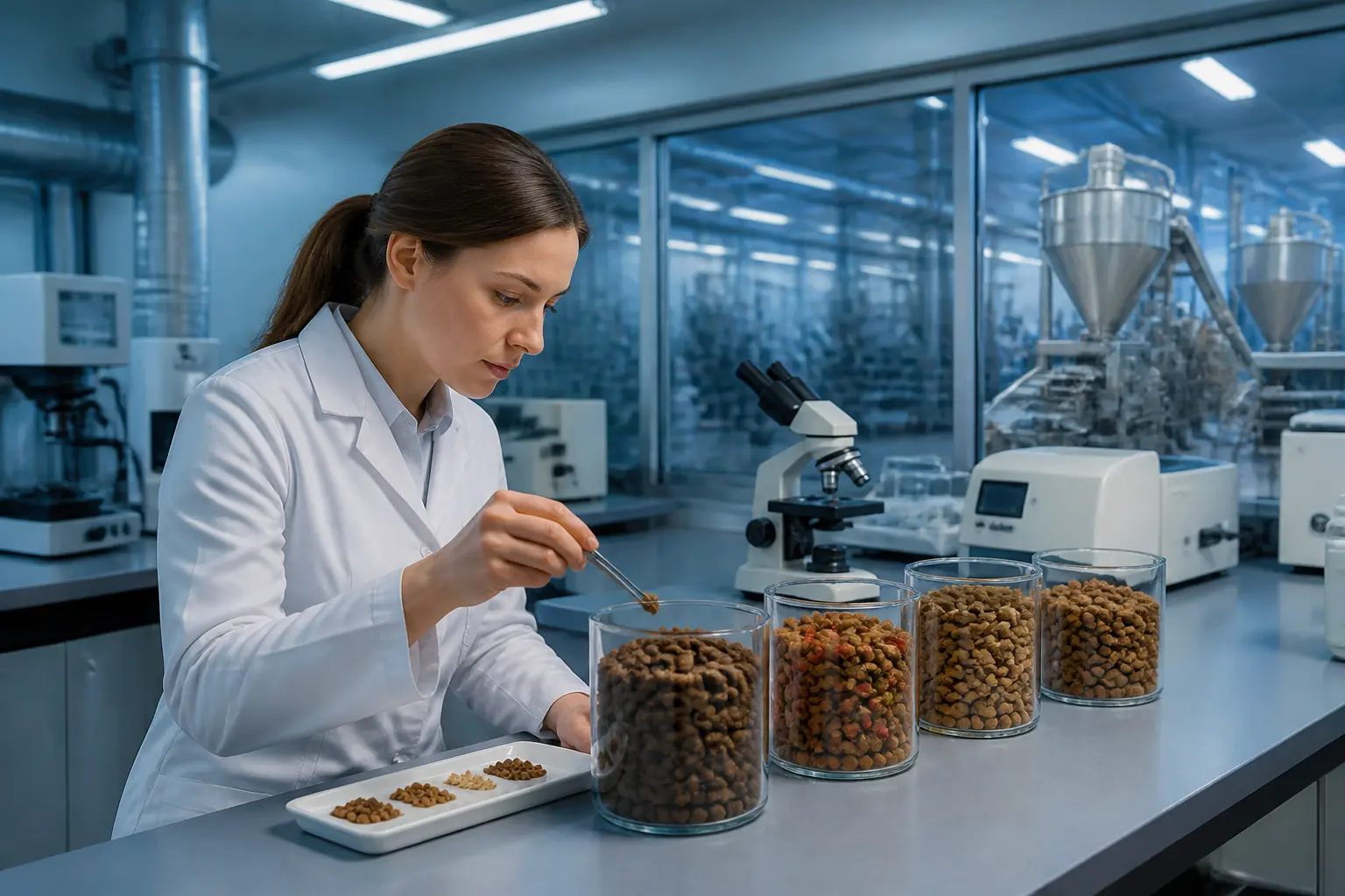 Лаборатория контроля качества кормов с образцами продукции