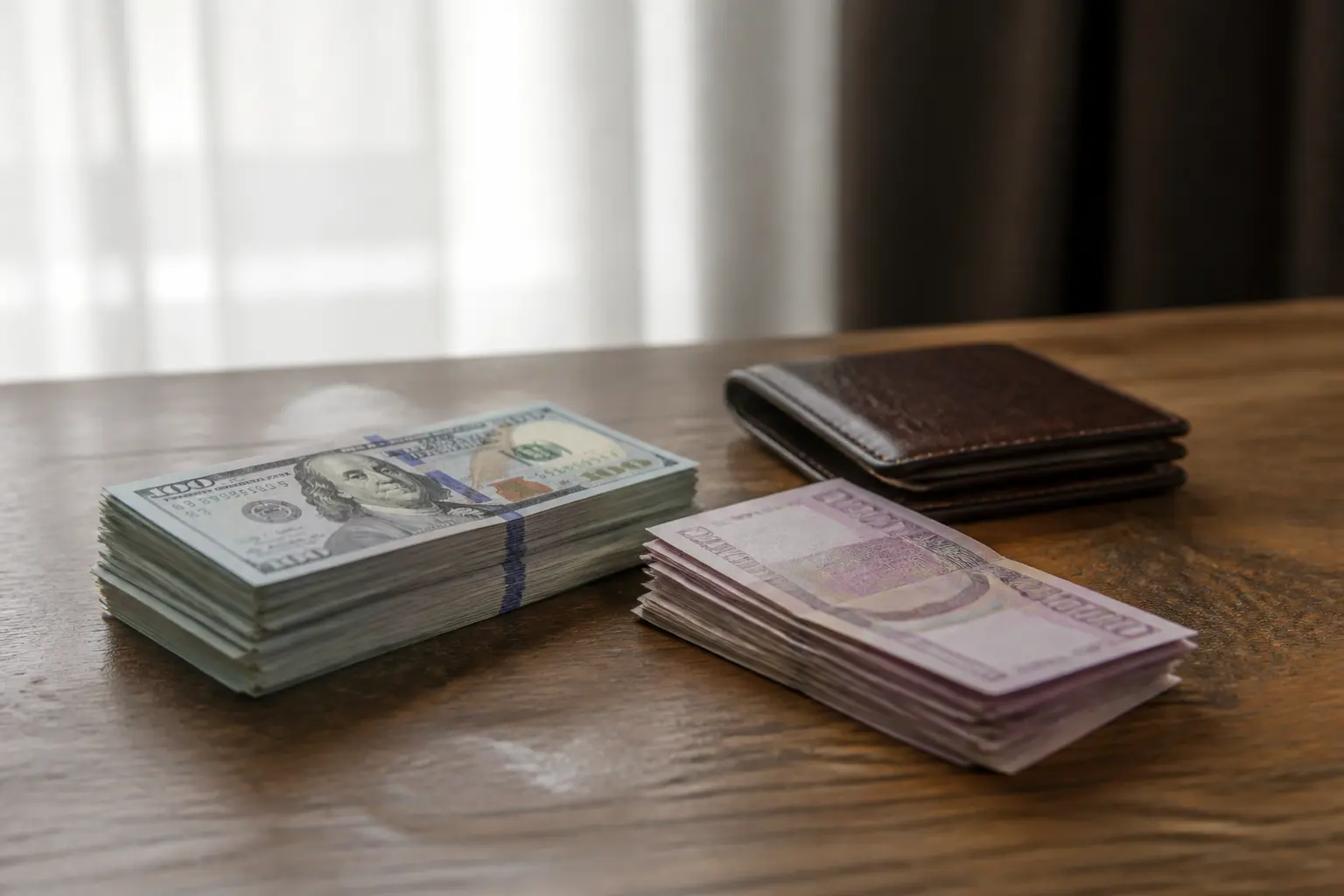 Доларові купюри та місцеві гроші на домашньому столі