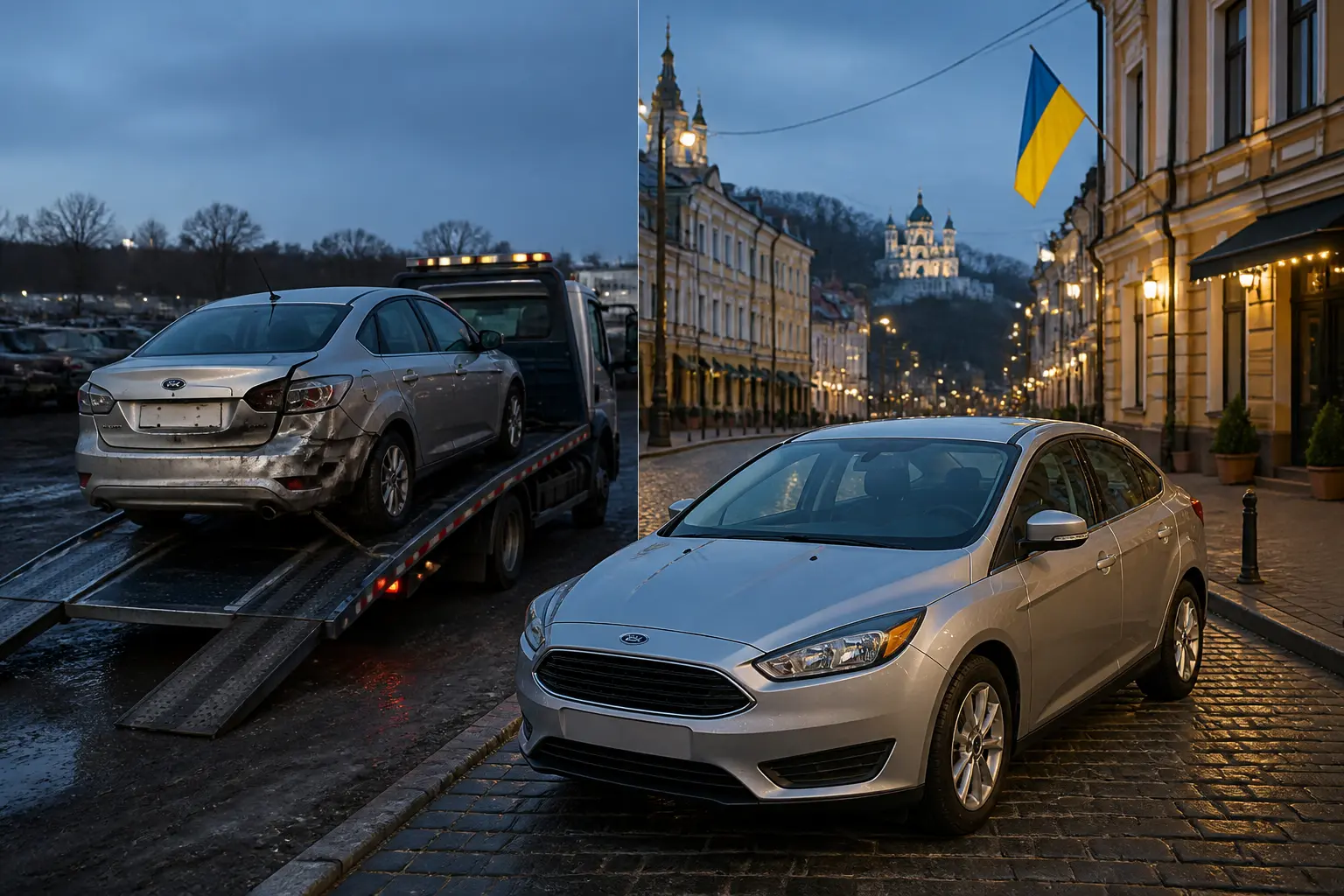 Пошкоджене авто на евакуаторі в США та відновлене авто в Україні