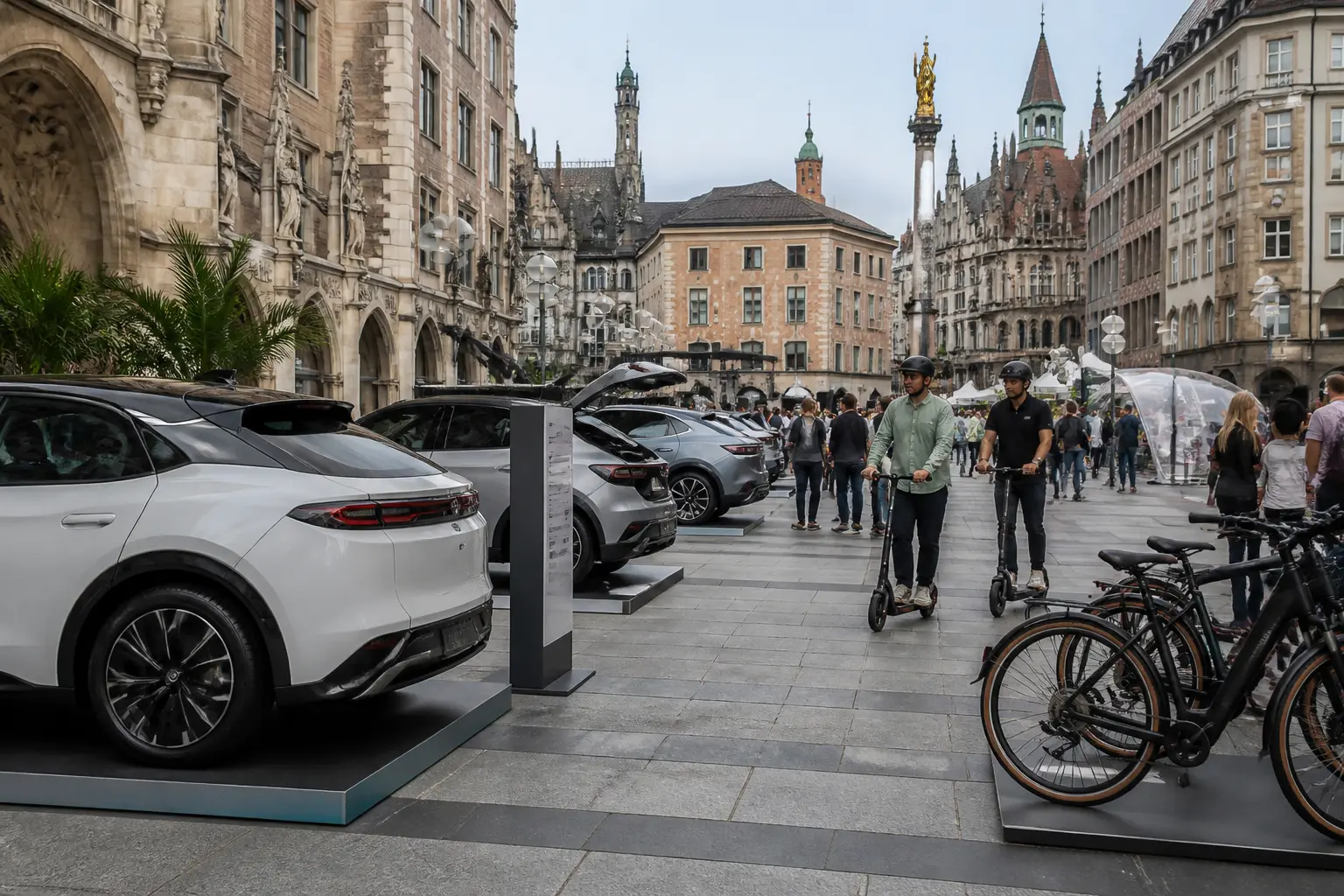 Міський простір Мюнхена під час IAA Mobility з електромобілями та велосипедами