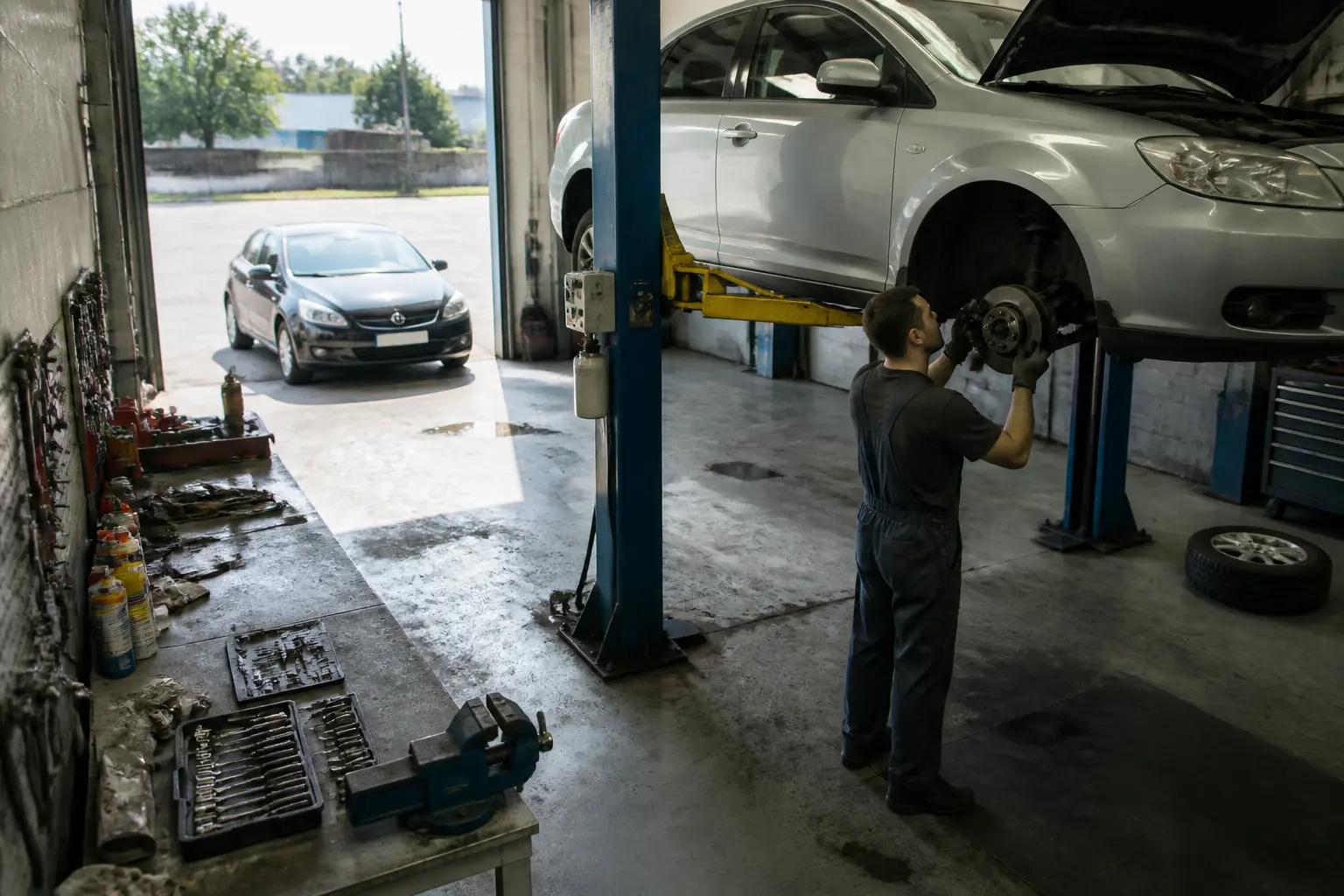 Автомайстерня з автомобілем на підйомнику