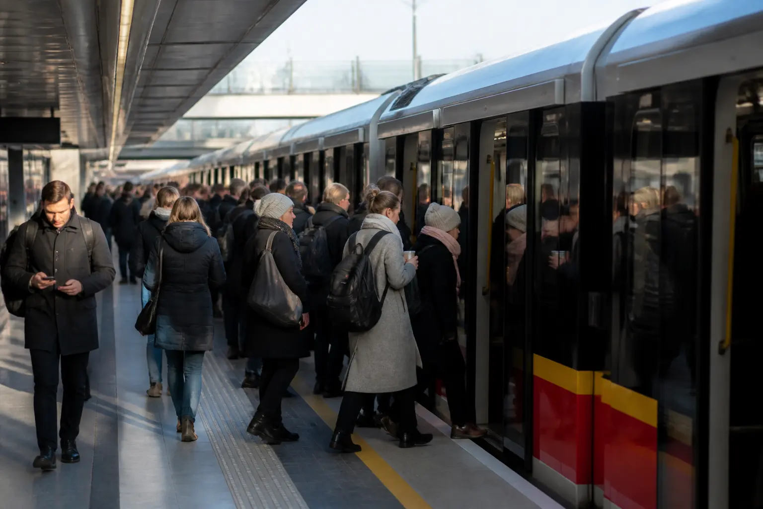 Платформа варшавського метро в ранковий час пік, пасажири заходять у сучасний потяг