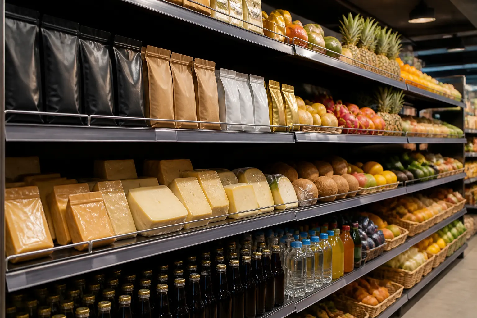 Полиця супермаркету з різноманітними імпортними продуктами